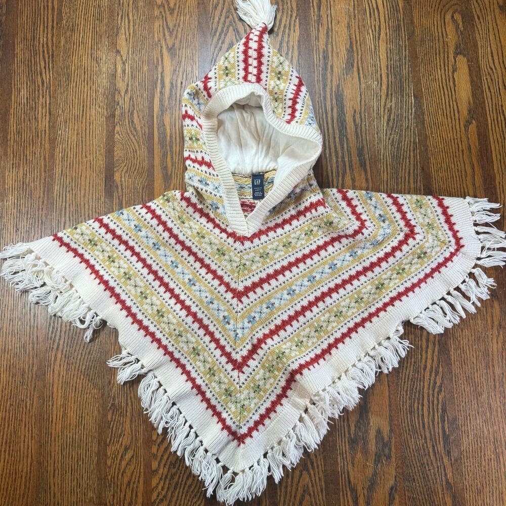 Gap 3T Hooded Knit Poncho Fringe Tassel Geometric Multicolor Girls Corton